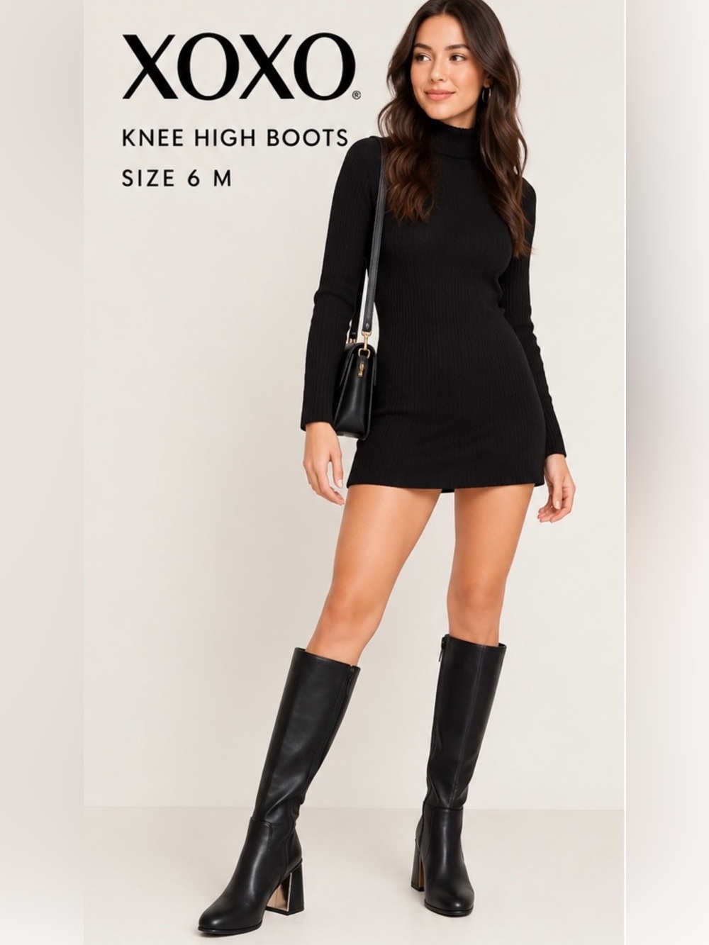 XOXO Knee High Black Boots Size 6M Gold Heel Detail NIB